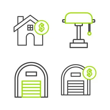 Set line Warehouse with dollar symbol, Table lamp and House icon. Vector Stock Illustration