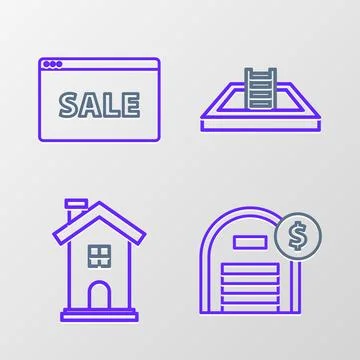 Set line Warehouse with dollar symbol, Home, Swimming pool ladder and Hangi.. イラスト素材