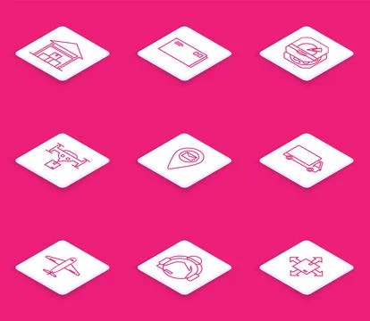 Set line Warehouse, Envelope, Pizza in cardboard box, Delivery drone with the Stock Illustration