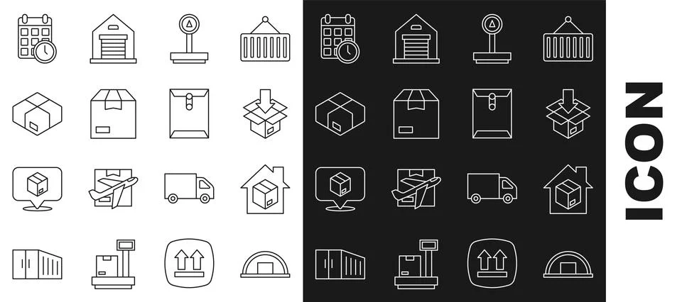 Set line Warehouse, Home delivery services, Carton cardboard box, Scale 스톡 일러스트