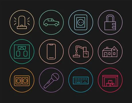 Set line Warehouse, House, Electrical outlet, Smartphone, Bathroom scales, .. Stock Illustration