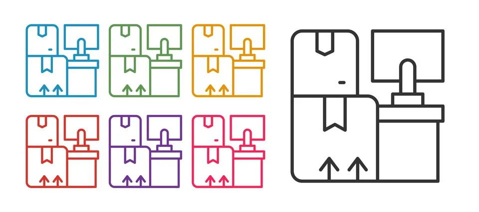 Set line Warehouse interior with boxes on racks icon isolated on white Illustrazione stock