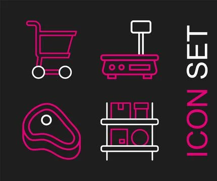 Set line Warehouse interior with boxes, Steak meat, Electronic scales and Sho Stock Illustration