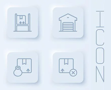 Set line Warehouse interior with boxes, Carton cardboard and . White square b Stock Illustration