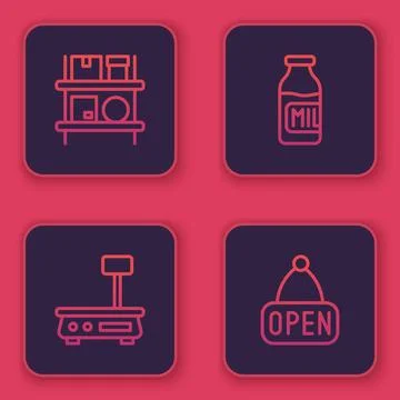 Set line Warehouse interior with boxes, Electronic scales, Bottle milk and .. Stock Illustration