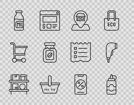 Set line Warehouse interior with boxes, Sauce bottle, Location Market store.. Stock Illustration