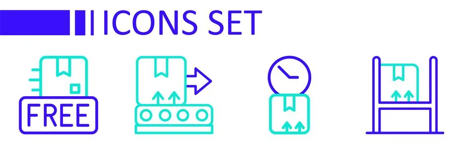 Set line Warehouse interior with boxes, Cardboard clock, Conveyor belt and .. Stock Illustration