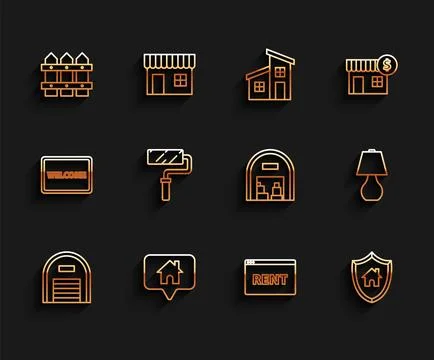 Set line Warehouse, Map pointer with, Garden fence wooden, Hanging sign tex.. Illustrazione stock