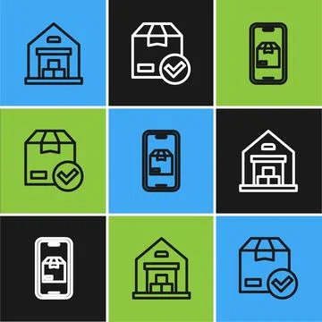 Set line Warehouse, Mobile app delivery tracking and ackage box with check .. Stock Illustration