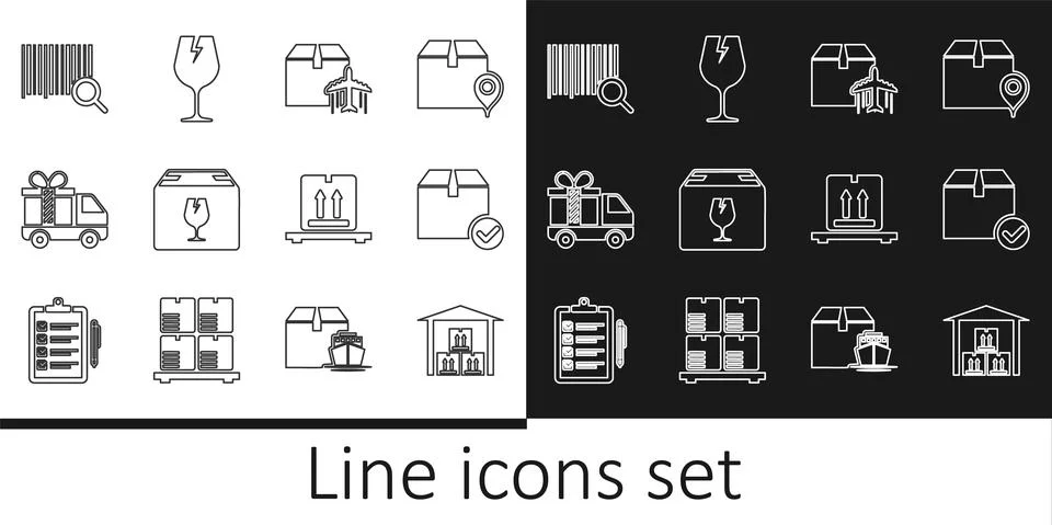 Set line Warehouse, Package box with check mark, Plane and cardboard, Delivery 库存插图