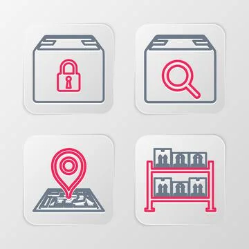 Set line Warehouse, Placeholder on map, Search package and Locked icon. Vector Stock Illustration