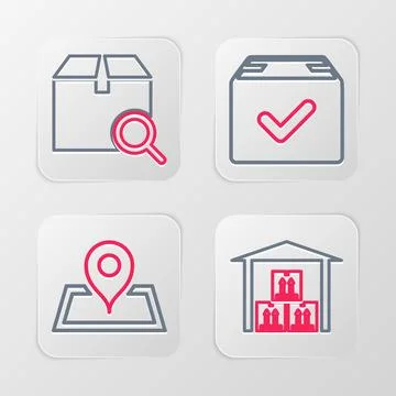 Set line Warehouse, Placeholder on map, Package box with check mark and Sea.. Stock Illustration