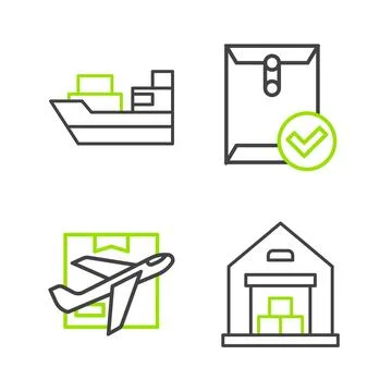 Set line Warehouse, Plane and cardboard box, Envelope check mark and Cargo ship Ilustración de archivo