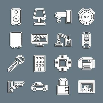 Set line Warehouse, Printer, Remote control, Water tap, Smart Tv, Refrigerator Stock Illustration