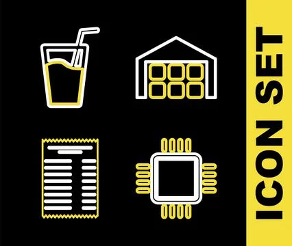 Set line Warehouse, Processor with CPU, Paper financial check and Glass water Illustrazione stock