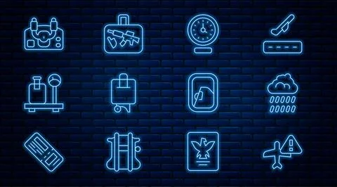 Set line Warning aircraft, Cloud with rain, Clock, Suitcase, Scale suitcase.. Stock Illustration