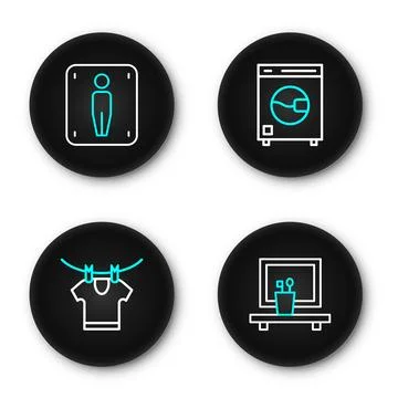Set line Washbasin mirror, Drying clothes, Washer and Male toilet icon. Vecto Stock Illustration