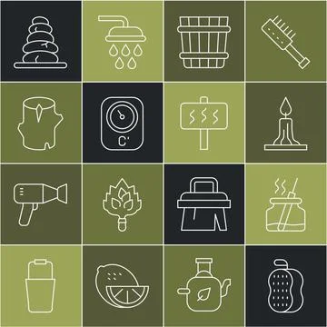 Set line Washcloth, Aroma diffuser, Burning candle, Sauna bucket, thermometer Illustrazione stock