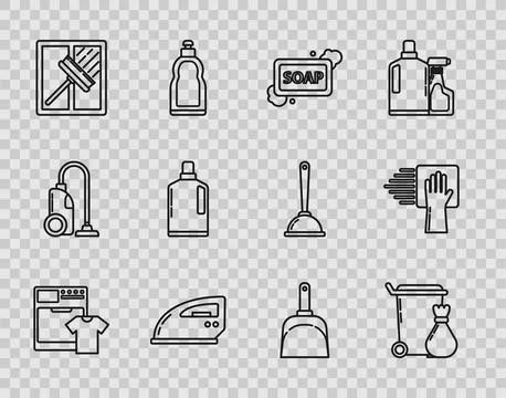Set line Washer and t-shirt, Trash can, Bar of soap with foam, Electric iro.. Stock Illustration