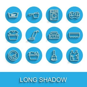 Set line Washer, Basin with soap suds, Temperature wash, Feather broom, Dirty t Stock Illustration