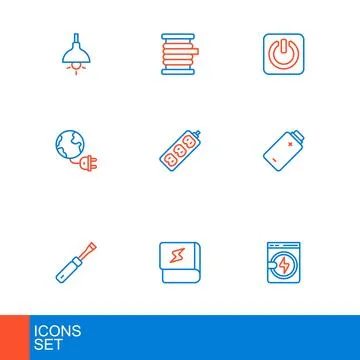 Set line Washer, Book about electricity, Screwdriver, Battery charge, Globa.. Stock Illustration