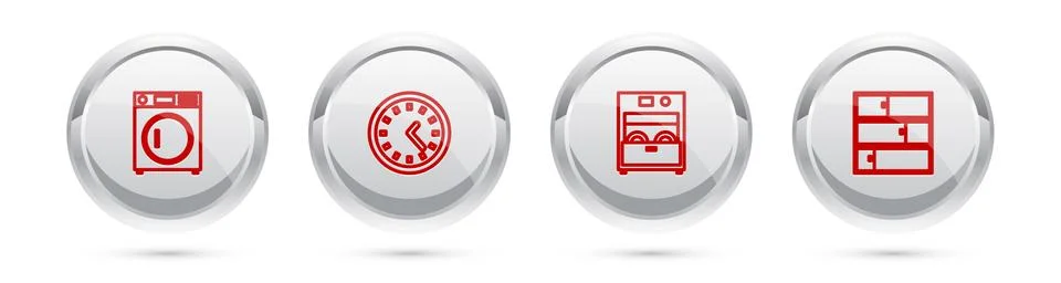 Set line Washer, Clock, Kitchen dishwasher machine and Shelf. Silver circle Illustrazione stock