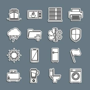 Set line Washer, Flag, Shield, Server, Data, Web Hosting, Add new folder, Storm Illustrazione stock