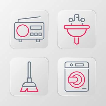 Set line Washer, Handle broom, Washbasin and Radio icon. Vector Illustration