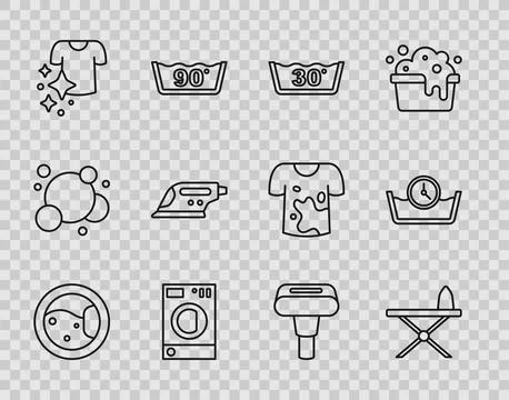 Set line Washer, Iron and ironing board, Temperature wash, Drying clothes, .. Stock Illustration