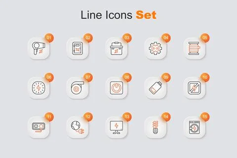 Set line Washer, LED light bulb, Smart Tv, Global energy planet with plug, .. Stock Illustration
