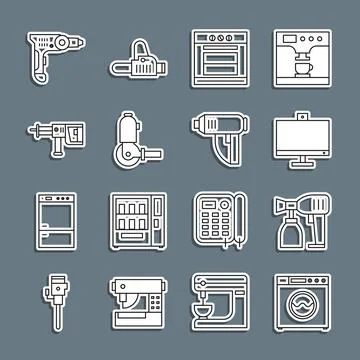Set line Washer, Paint spray gun, Computer monitor, Oven, Angle grinder, Rotary Ilustración de archivo