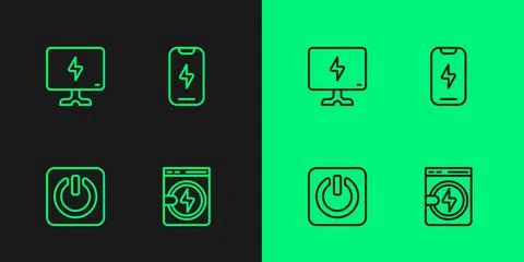 Set line Washer, Power button, Smart Tv and Mobile phone icon. Vector Stock Illustration