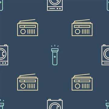 Set line Washer, Radio with antenna and Flashlight on seamless pattern. Vector Stock Illustration
