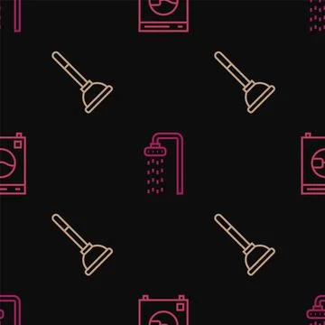Set line Washer, Rubber plunger and Shower on seamless pattern. Vector 스톡 일러스트