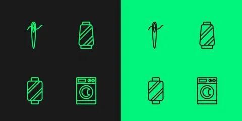 Set line Washer, Sewing thread on spool, Needle for sewing with and icon. Vector Illustrazione stock