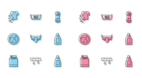 Set line Washer, Squeeze clothes, Drying, Bottle for cleaning agent, Washin.. Stock Illustration