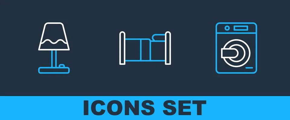 Set line Washer, Table lamp and Bed icon. Vector Illustrazione stock