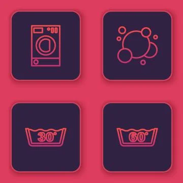 Set line Washer, Temperature wash, Soap water bubbles and . Blue square button Stock Illustration