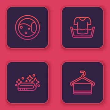 Set line Washer, Towel stack, Basin with shirt and on hanger. Blue square button Stock Illustration