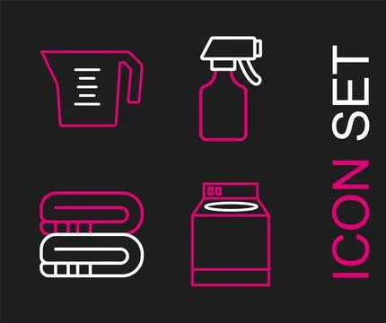 Set line Washer, Towel stack, Water spray bottle and Measuring cup icon. Vector 库存插图