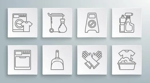Set line Washer, Trash can, Dustpan, Rubber gloves, Plastic basin with soap suds Stock Illustration