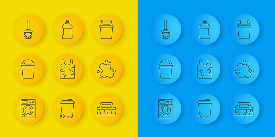 Set line Washer, Trash can, Dirty t-shirt, Brush for cleaning, Water spill Ilustración de archivo