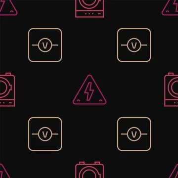 Set line Washer, Voltmeter and High voltage on seamless pattern. Vector Stockillustratie