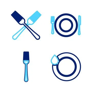 Set line Washing dishes, Fork, Plate, fork and knife and Crossed icon. Vector Stock Illustration