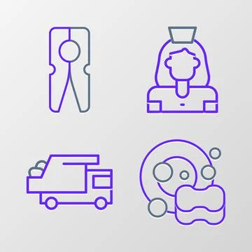 Set line Washing dishes, Garbage truck, Cleaning lady service and Clothes pin Stock Illustration