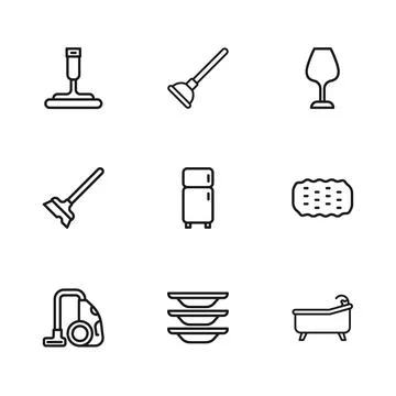 Set line Washing dishes, Sponge, Bathtub, Refrigerator, Wine glass, Rubber .. Stock Illustration