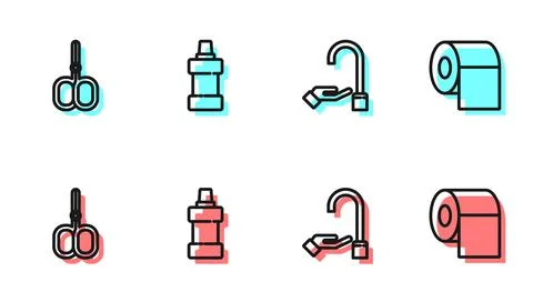 Set line Washing hands with soap, Nail scissors, Bottle for cleaning agent and Stock Illustration