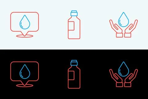 Set line Washing hands with soap, Water drop location and Bottle of water i.. Stock Illustration