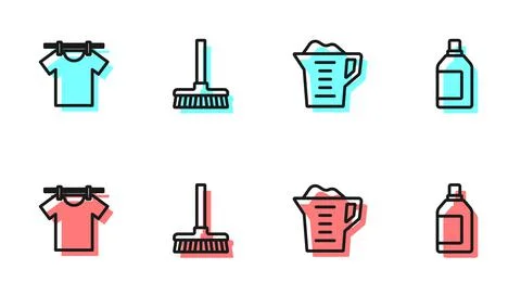 Set line Washing powder, Drying clothes, Handle broom and Bottle for cleaning Illustration