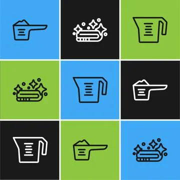 Set line Washing powder, Measuring cup and Towel stack icon. Vector Stock Illustration